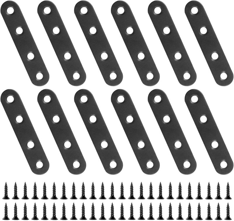 Aecsze 12 PCS 2.99'' x 0.63'' Stainless Straight Flat Brackets, Black Flat Metal Brace Bracket, Support Flat Metal Brace for Wood Furniture, Mending Plate Connector Joining Bracket for Fence,48 Screws - Image 1